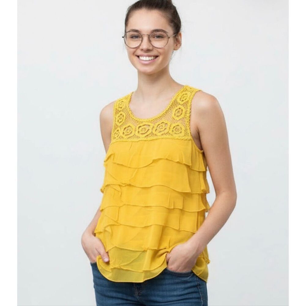 Sundance Yellow Silk Tiered Sleeveless Top Blouse Medium